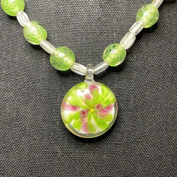 Mint Green Beaded Floral Pendant Necklace – Handmade Statement Piece - Picture 2 of 5